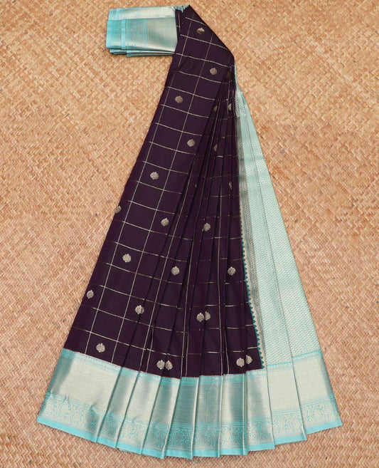 Dark Brown Budget Silk Saree Embellished with Zari Butta Enclosed Checks, Complemented by a Contrast Traditional Zari Design Border, Subtly Designed Jaal Pallu, and Paired with a Contrast Blouse