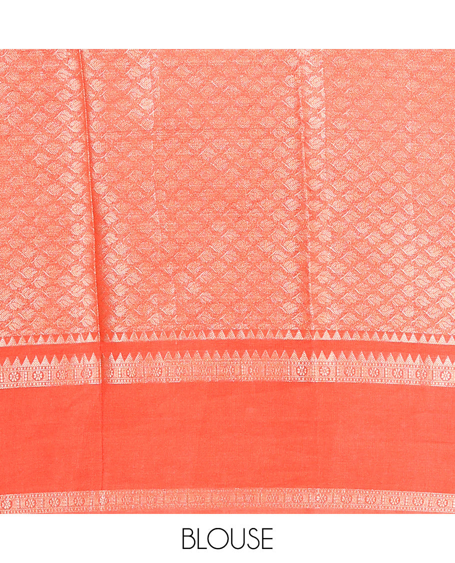 Orange Assam Silk Saree, Beautifully Detailed with Zari Designs All Over Its Body, Highlighted by a Zari Border of Traditional Designs, a Gleaming Pallu of Ogee Patterns, and Paired with a Matching Blouse