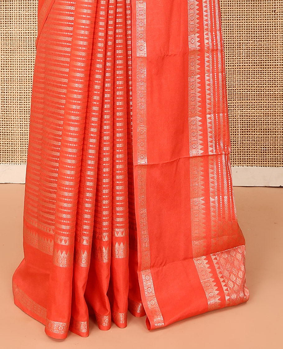 Orange Assam Silk Saree, Beautifully Detailed with Zari Designs All Over Its Body, Highlighted by a Zari Border of Traditional Designs, a Gleaming Pallu of Ogee Patterns, and Paired with a Matching Blouse
