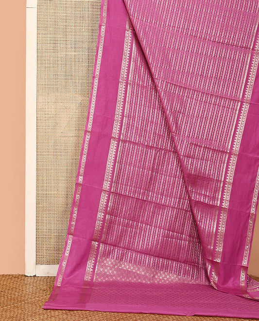 Pink zig-zag stripes with polka dots zari woven assam silk saree, traditional motifs woven double border, and zari design pallu