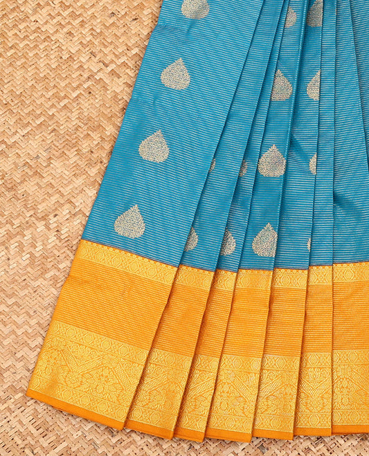 Blue zari buttas and striped budget silk saree, contrast traditional zari design border, and pallu of intricate designs