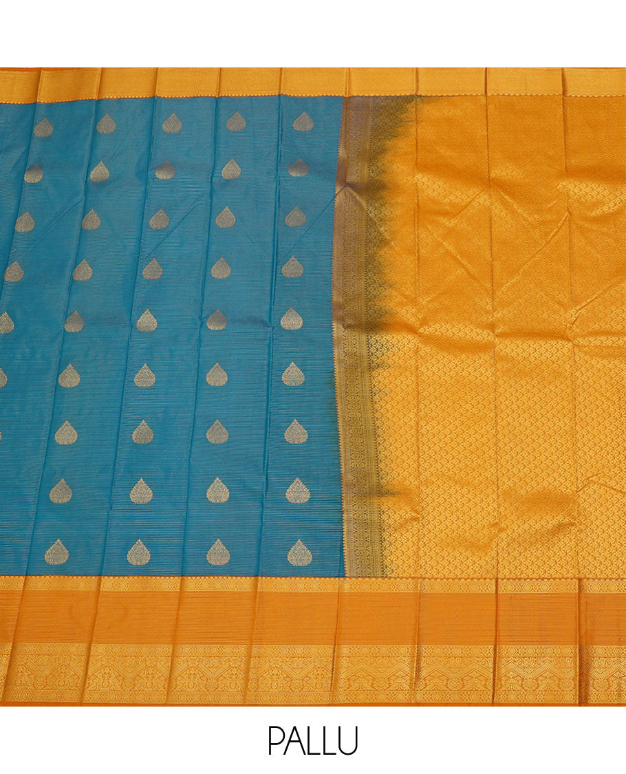 Blue zari buttas and striped budget silk saree, contrast traditional zari design border, and pallu of intricate designs