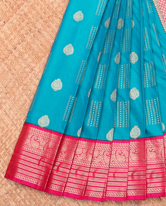 Blue Budget Silk Saree, Accentuated with Zari Buttas, Complemented by a Contrast Traditional Zari Border, Grand Pallu, and Contrast Blouse