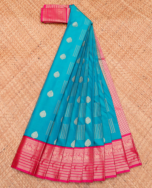 Blue Budget Silk Saree, Accentuated with Zari Buttas, Complemented by a Contrast Traditional Zari Border, Grand Pallu, and Contrast Blouse
