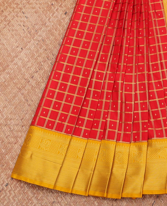 Red Budget Silk Saree, Embellished with Zari Butta Enclosed Checks, Complemented by a Contrast Traditional Zari Border, Grand Pallu, and a Contrast Blouse