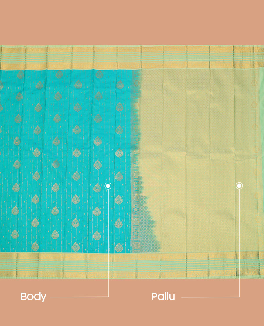 Blue zari design budget silk saree, contrast traditional zari border, and jaal pallu