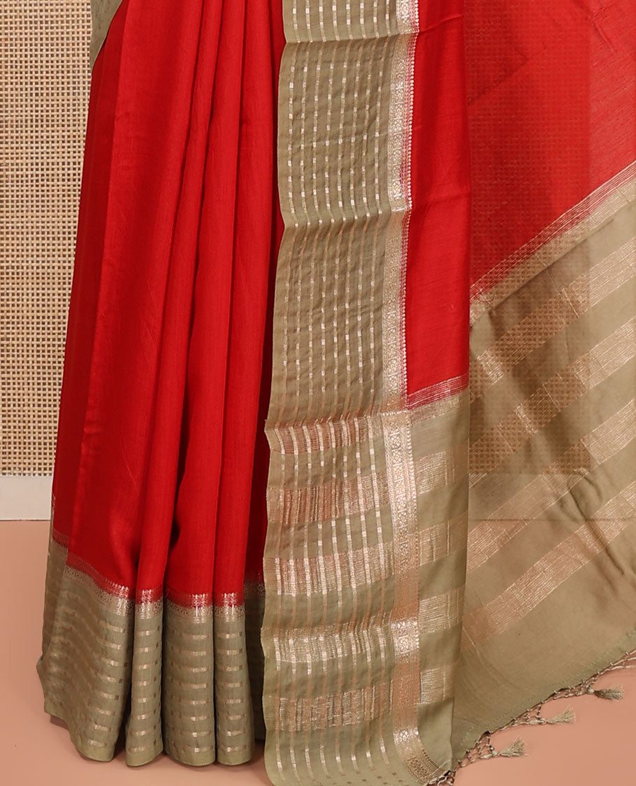 Red Plain Assam Silk Saree, Complemented by a Contrast Zari Border of Stripes, Pallu Gleamed Up with Zari Stripes, and Paired with a Contrast Blouse