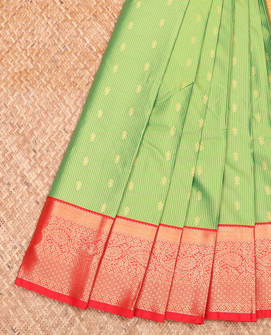 Green Budget Silk Saree, Featuring Zari Buttas and Stripes on Its Body, Complemented by a Contrast Traditional Zari Design Border, Grand Jaal Pallu, and Paired with a Contrast Blouse