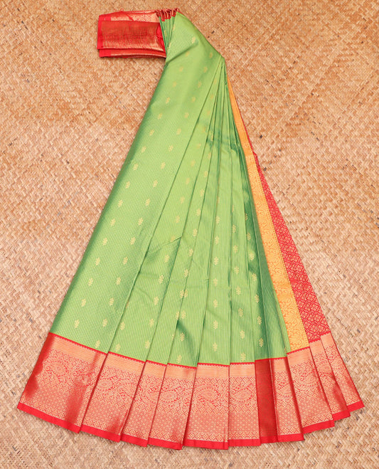 Green Budget Silk Saree, Featuring Zari Buttas and Stripes on Its Body, Complemented by a Contrast Traditional Zari Design Border, Grand Jaal Pallu, and Paired with a Contrast Blouse