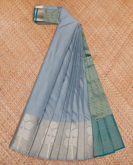 Grey Embossed Budget Silk Saree, Subtly Sparkled with Traditional Zari Border of Floral Motifs, Contrast Grand Jaal Pallu and Paired with a Contrast Blouse