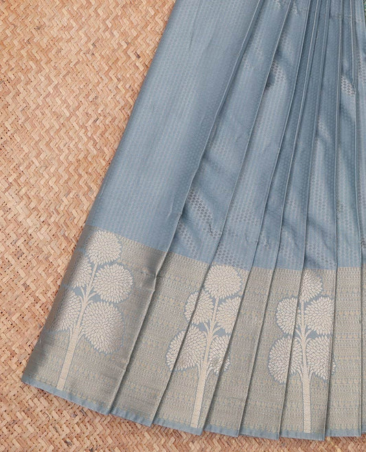 Grey Embossed Budget Silk Saree, Subtly Sparkled with Traditional Zari Border of Floral Motifs, Contrast Grand Jaal Pallu and Paired with a Contrast Blouse