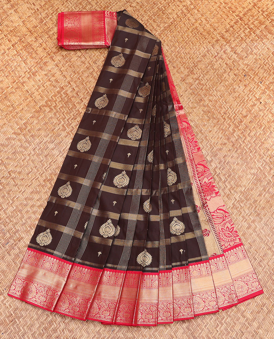 Brown Budget Silk Saree, Featuring Zari Butta Enclosed Checks, Complemented by a Contrast Traditional Design Border, Intricate Pallu, and a Contrast Blouse