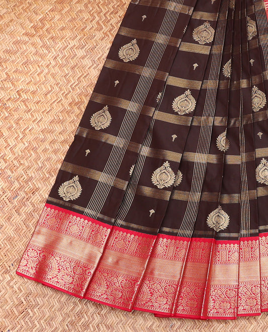 Brown Budget Silk Saree, Featuring Zari Butta Enclosed Checks, Complemented by a Contrast Traditional Design Border, Intricate Pallu, and a Contrast Blouse