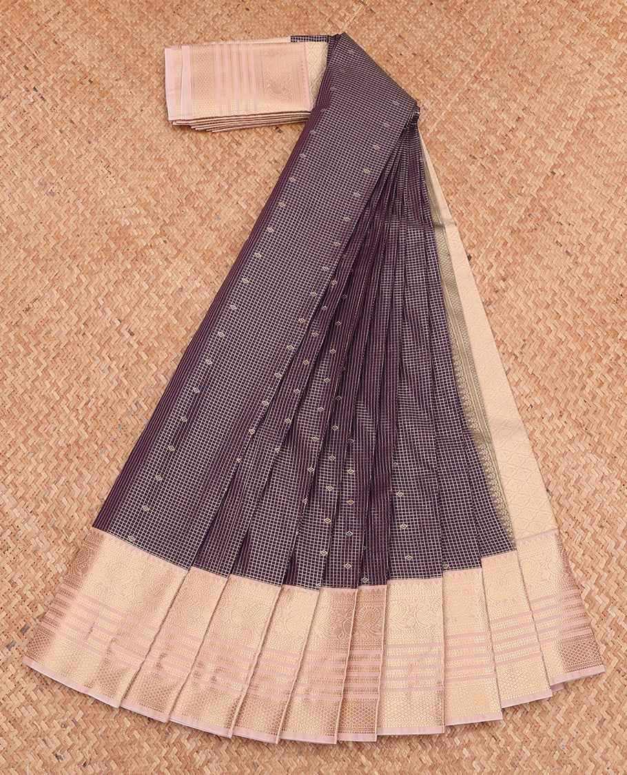 Purple Budget Silk Saree, Opulently Embellished with Zari Buttas and Checks, Complemented by Contrast Traditional Zari Border, Jaal Pallu, and a Contrast Blouse