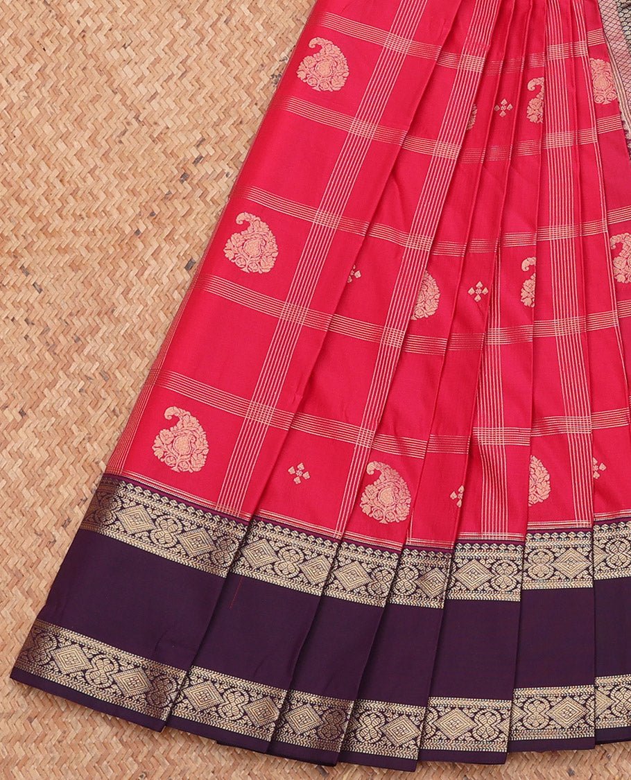Red Budget Silk Saree, Elevated with Zari Butta Enclosed Checks, Complemented by a Contrast Traditional Zari Rettai Pettu Border, Grand Pallu, and a Contrast Blouse