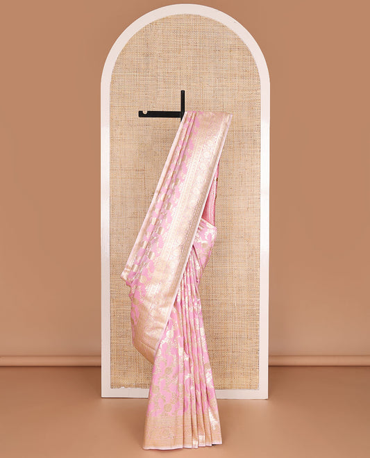 Pink floral jacquard semi banaras satin, self-border of floral creeper designs & pallu of mughal-style floral designs