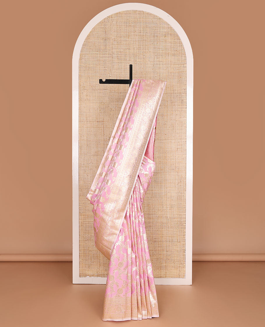 Pink floral jacquard semi banaras satin, self-border of floral creeper designs & pallu of mughal-style floral designs
