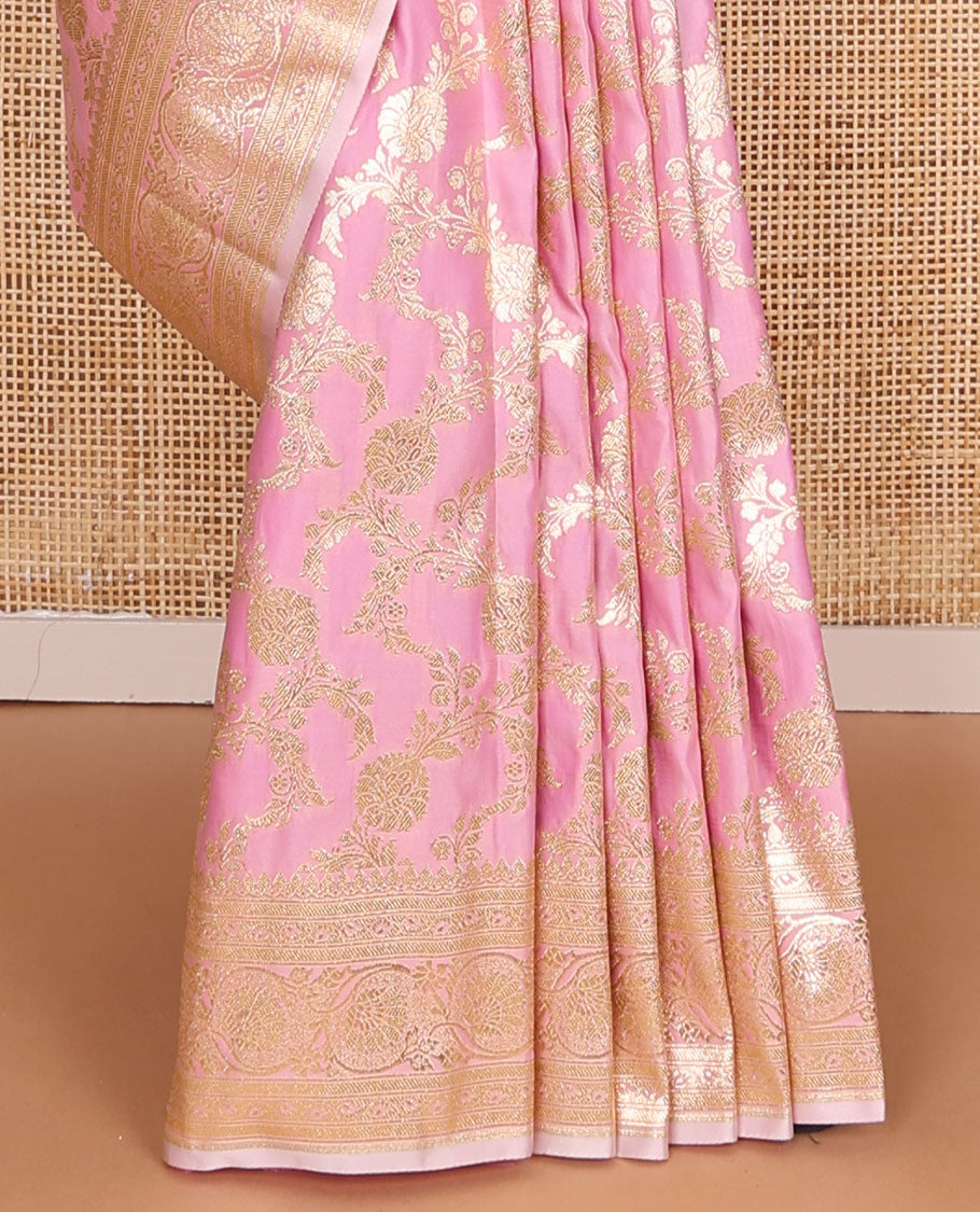 Pink floral jacquard semi banaras satin, self-border of floral creeper designs & pallu of mughal-style floral designs