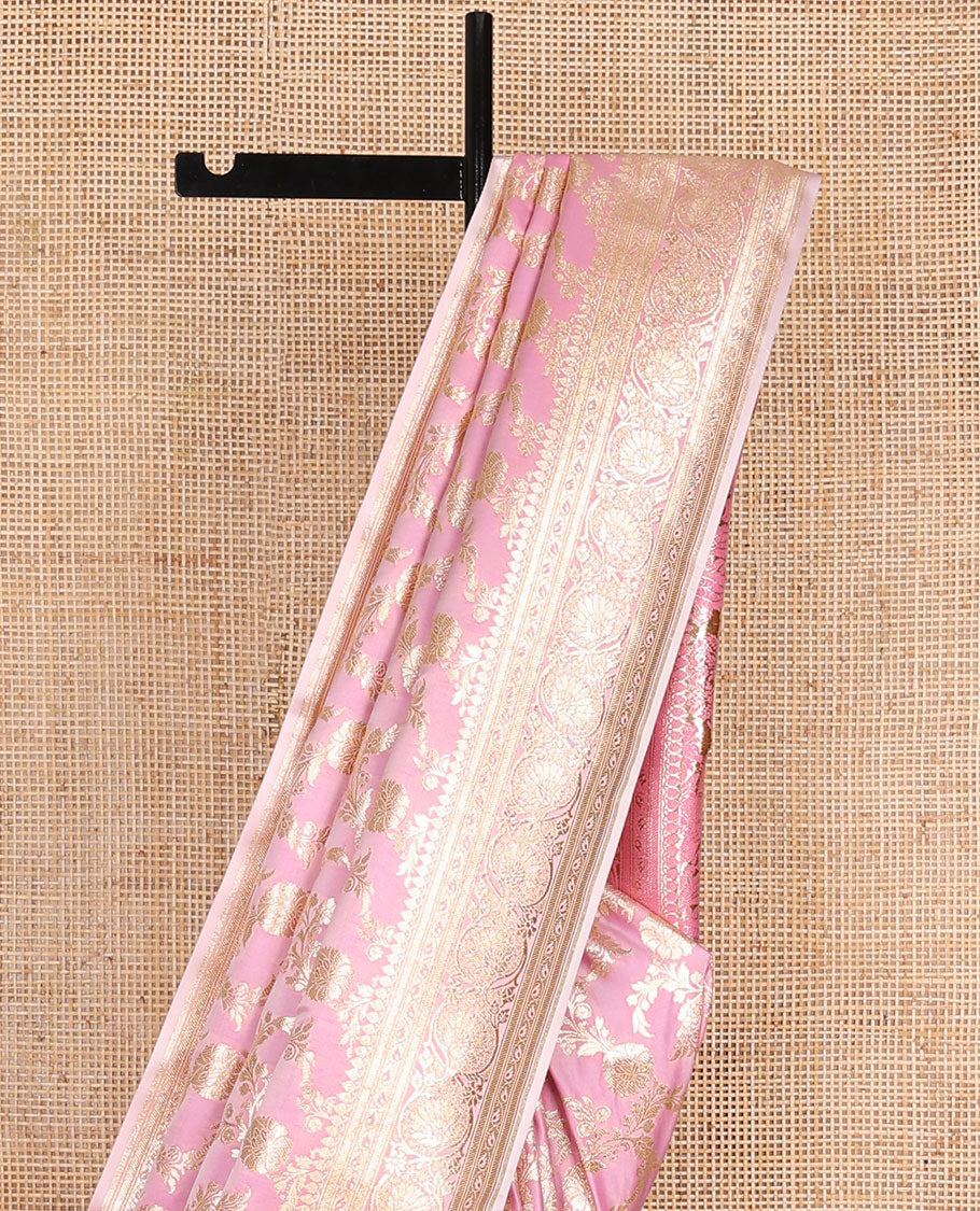 Pink floral jacquard semi banaras satin, self-border of floral creeper designs & pallu of mughal-style floral designs