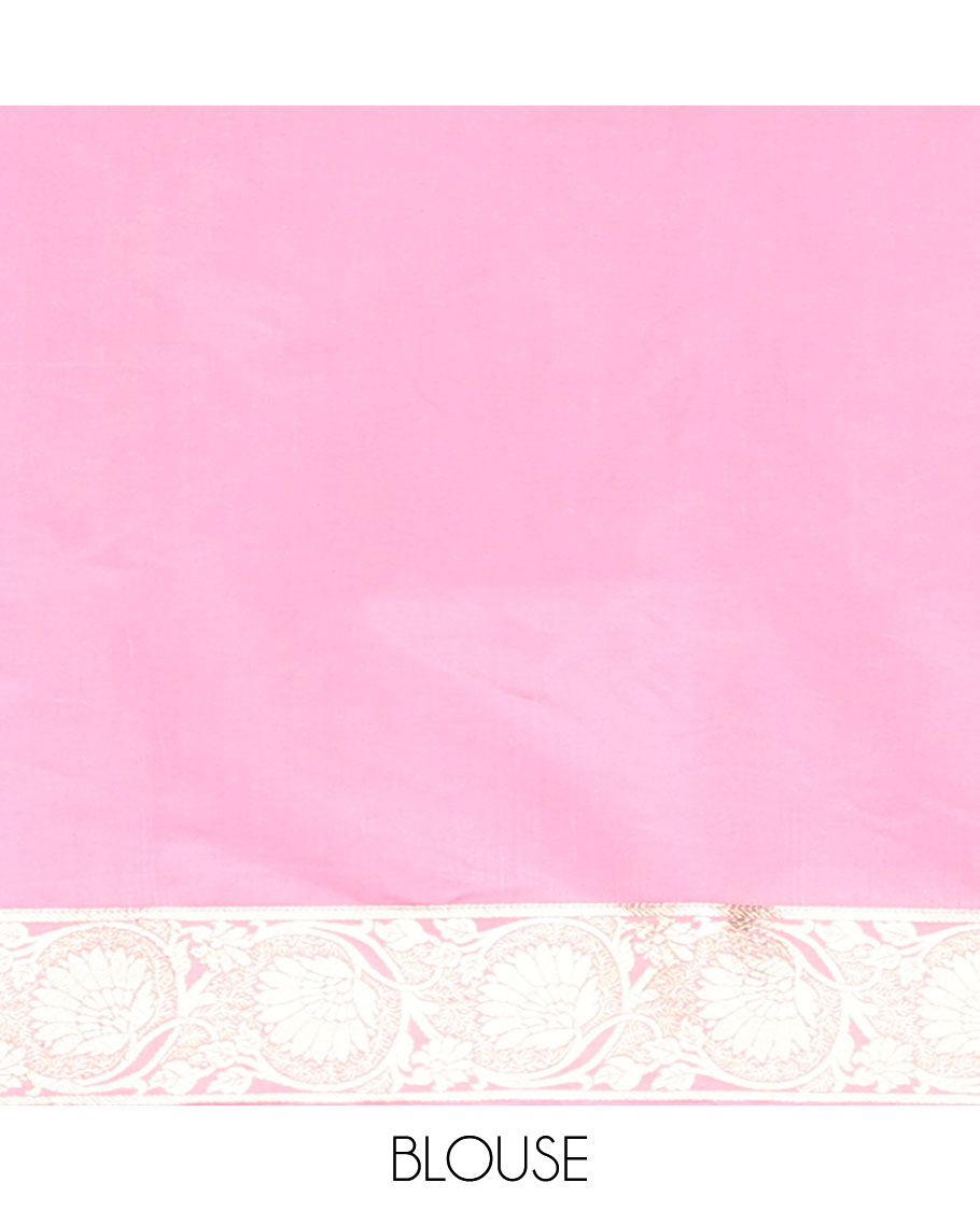 Pink floral jacquard semi banaras satin, self-border of floral creeper designs & pallu of mughal-style floral designs