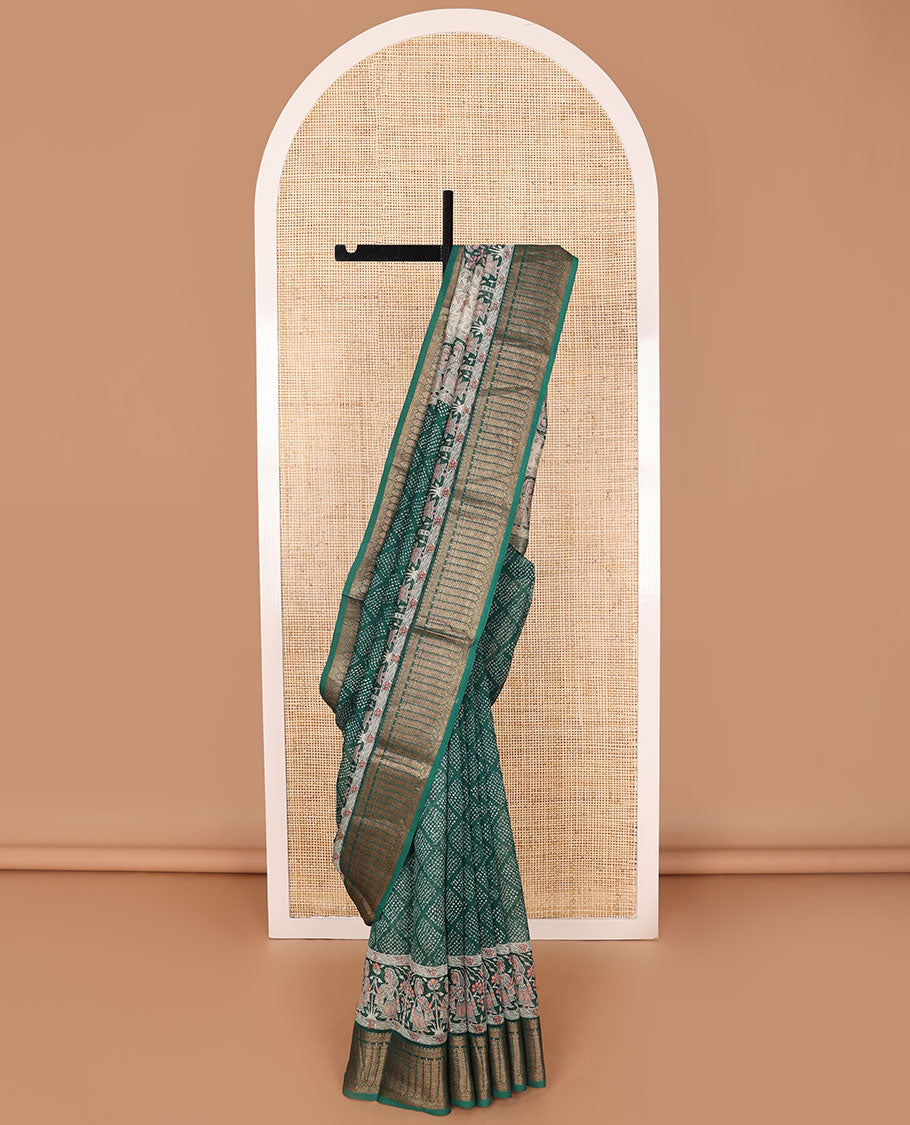 Green checked bhandani style chanderi cotton saree with self human design border & madhubani style design pallu
