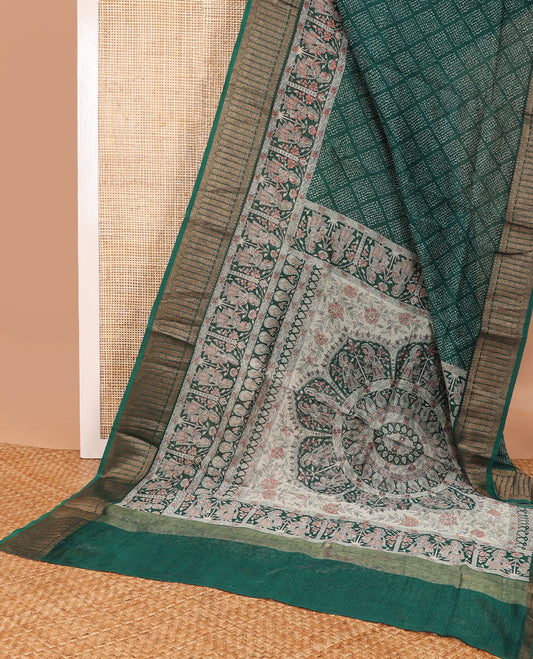 Green checked bhandani style chanderi cotton saree with self human design border & madhubani style design pallu