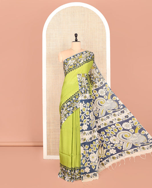 Green Plain Kalamkari Cotton Saree, Contrast Kalamkari Floral-Peacock Printed Border, Peacock-Floral Pallu, and a Contrast Blouse