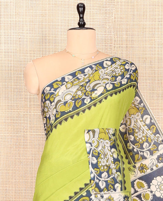 Green Plain Kalamkari Cotton Saree, Contrast Kalamkari Floral-Peacock Printed Border, Peacock-Floral Pallu, and a Contrast Blouse