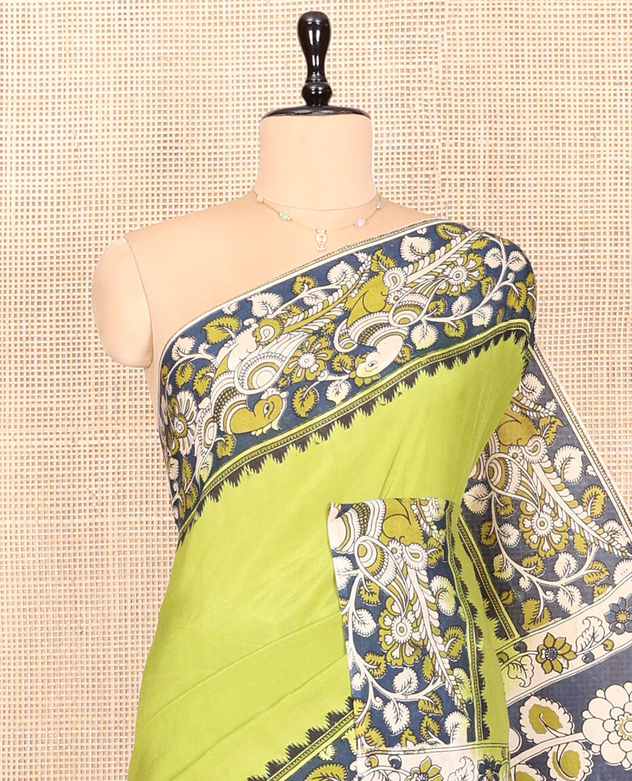 Green Plain Kalamkari Cotton Saree, Contrast Kalamkari Floral-Peacock Printed Border, Peacock-Floral Pallu, and a Contrast Blouse