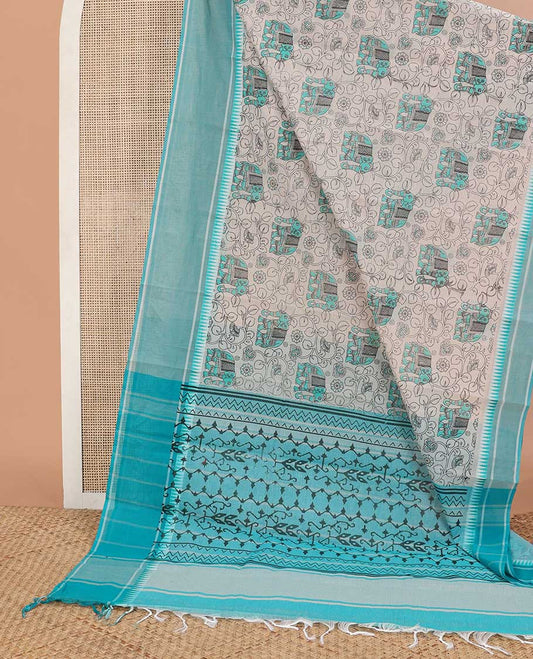 Beige kalamkari-style floral vine & elephant chirala cotton saree, contrast blue temple border & paithani design pallu