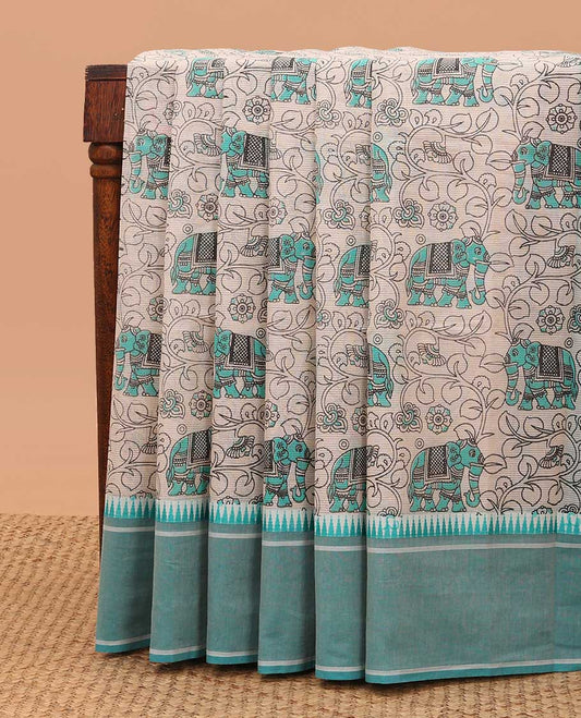 Beige kalamkari-style floral vine & elephant chirala cotton saree, contrast blue temple border & paithani design pallu