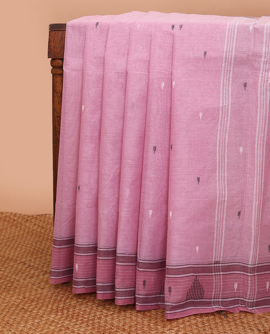 Pink buttas Bengal cotton saree, contrast temple border & pallu of stripes & buttas