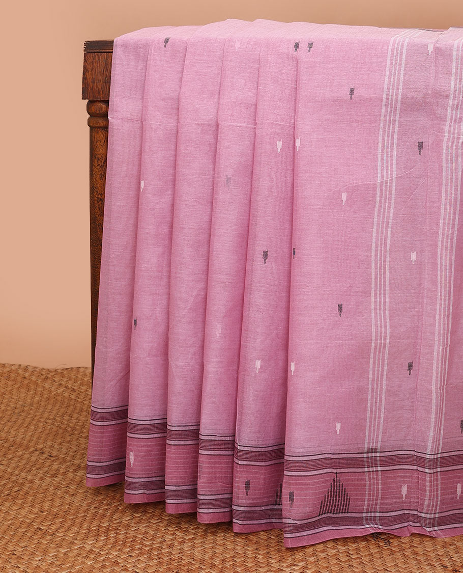 Pink buttas Bengal cotton saree, contrast temple border & pallu of stripes & buttas