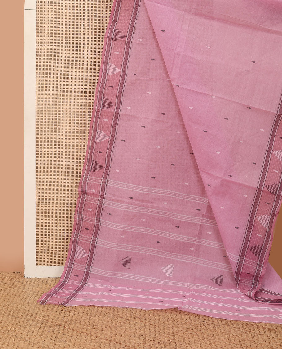 Pink buttas Bengal cotton saree, contrast temple border & pallu of stripes & buttas