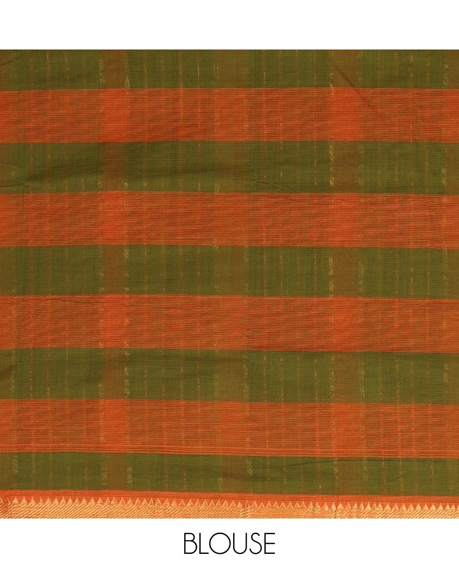 Orange checked Mangalagiri cotton saree, temple zari border, and zari striped pallu