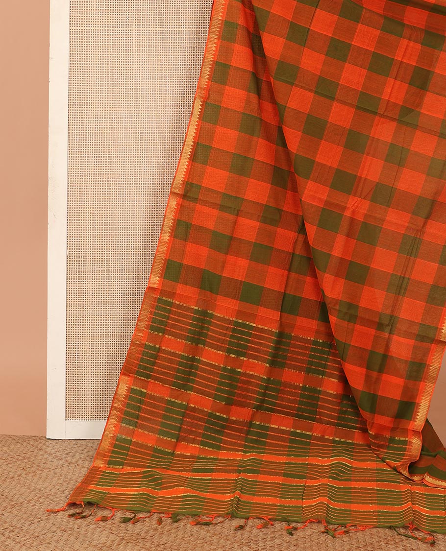 Orange checked Mangalagiri cotton saree, temple zari border, and zari striped pallu