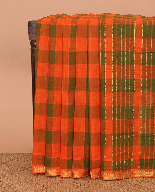 Orange checked Mangalagiri cotton saree, temple zari border, and zari striped pallu