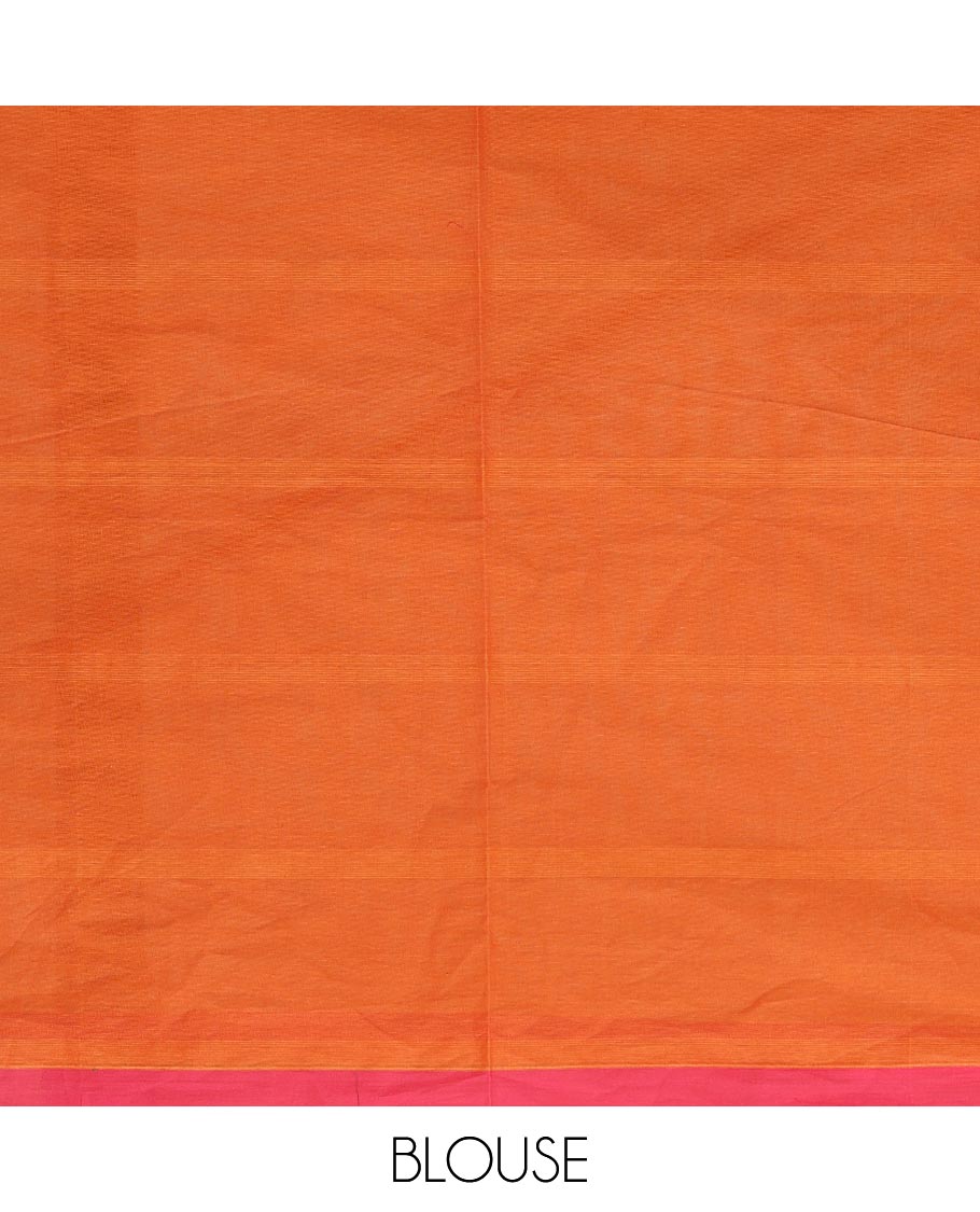 Borderless orange buttas enclosed checked Kanchi cotton saree, self-pallu of floral, and paisley designs