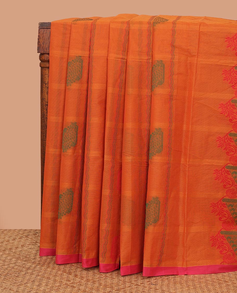 Borderless orange buttas enclosed checked Kanchi cotton saree, self-pallu of floral, and paisley designs