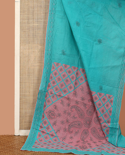 Blue flowers thread embroidered Lucknowi chikankari saree, ogee patterned border, and floral-paisley embroidered pallu