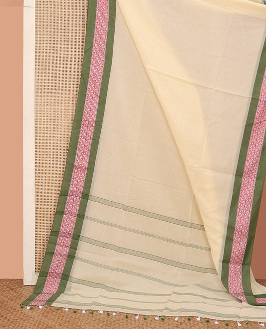Cream Plain Khadi Cotton Saree, Complemented by a Contrast Traditional Motifs Thread Woven Border, Pallu Features Stripes, and Comes Without a Blouse
