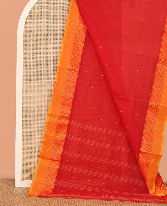 Red Bengal Cotton Saree, Sparsely Woven with Buttas, Contrast Triangle Border, Striped Pallu, and No Blouse