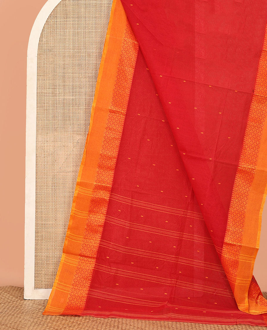 Red Bengal Cotton Saree, Sparsely Woven with Buttas, Contrast Triangle Border, Striped Pallu, and No Blouse