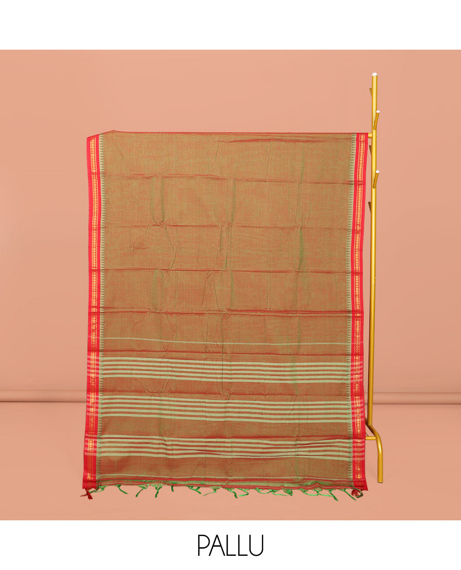 Orange Plain Narayanpet Cotton Saree, Complemented by a Contrast Traditional Design Temple Border, Striped Pallu, and Comes Without a Blouse