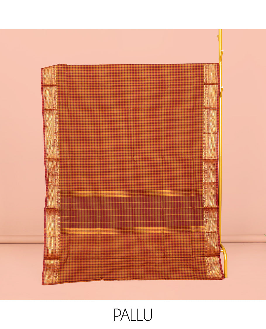 Orange-Red Chettinad Cotton Saree, Gleamed Up with Micro-Checks, Highlighted by Traditional Zari Border, Striped Pallu, and No Blouse