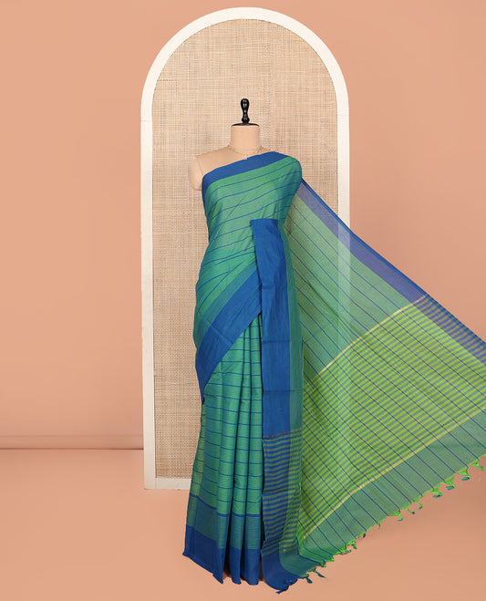 Green Striped Andhra Cotton Saree, Complemented by a Contrast Border, Striped Pallu, and a Matching Blouse