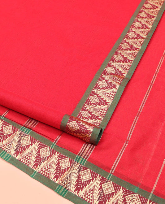 Red Plain Nine-Yard Cotton Saree, Complemented by a Contrast Temple Border of Diamond Designs, Striped Pallu, and Comes Without a Blouse