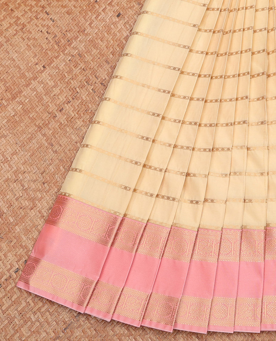 Cream Zari Striped Budget Silksaree,Contrast Ganga Jamuna Rettai Pettu Border,Jaal Pallu, Contrast Blouse