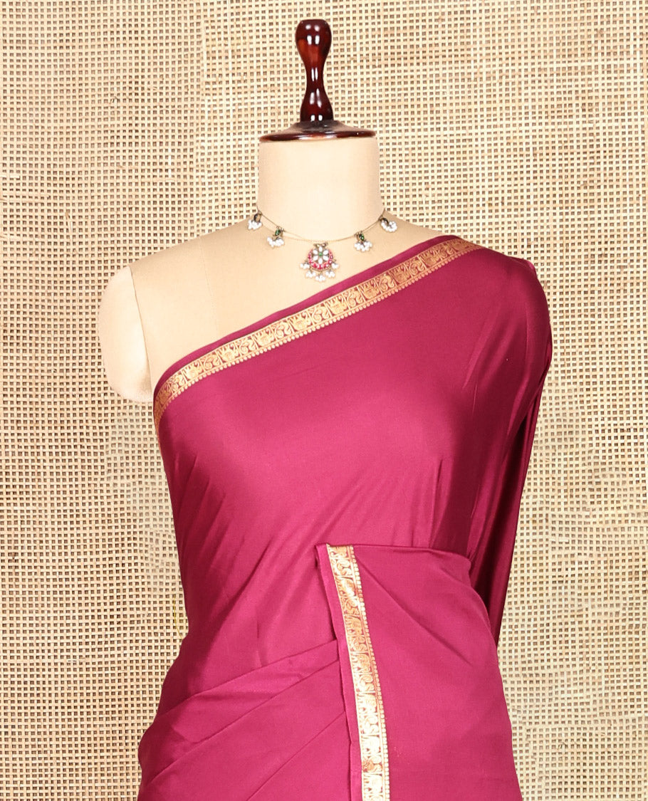 Wine Plain Semi-Mysore Saree, a Zari Elephant-Peacock Butta Border, Striped Pallu, Matching Blouse