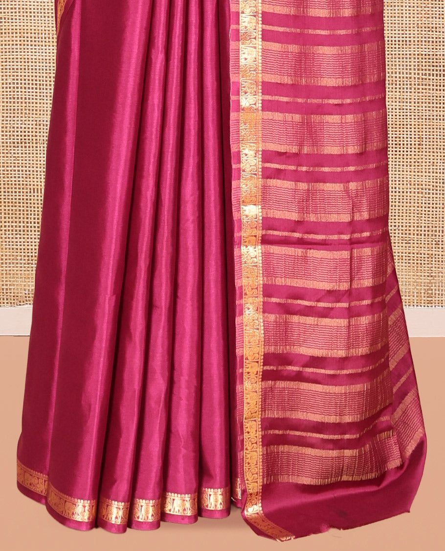Wine Plain Semi-Mysore Saree, a Zari Elephant-Peacock Butta Border, Striped Pallu, Matching Blouse